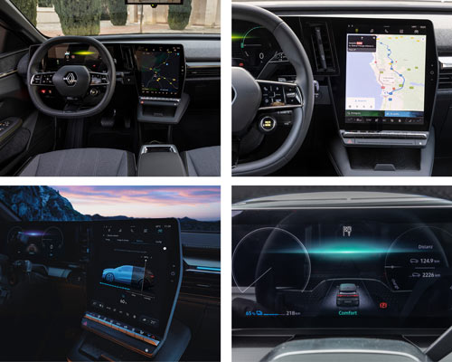 No Renault Megane E-Tech 100 elétrico, o sistema multimédia conta com dois grandes ecrãs digitais.